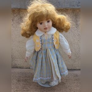 Porcelain Charming Blue and Yellow Plaid Doll